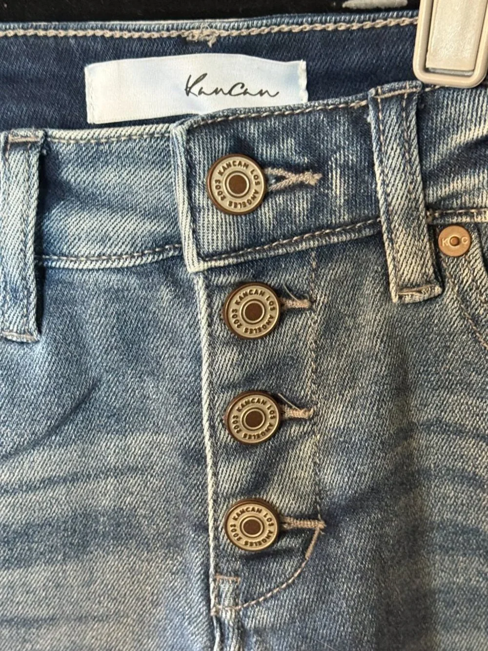KanCan Women's Small blue distressed button up jean shorts